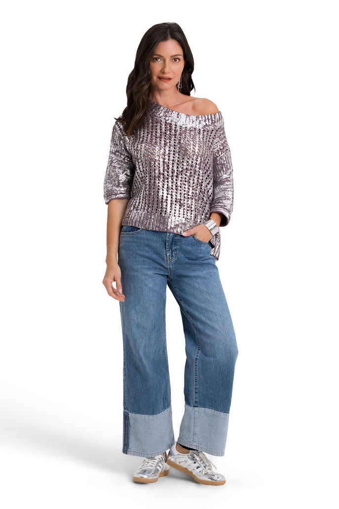 Cotton Metallic Crochet Boatneck Sweater - Amethyst/Silver