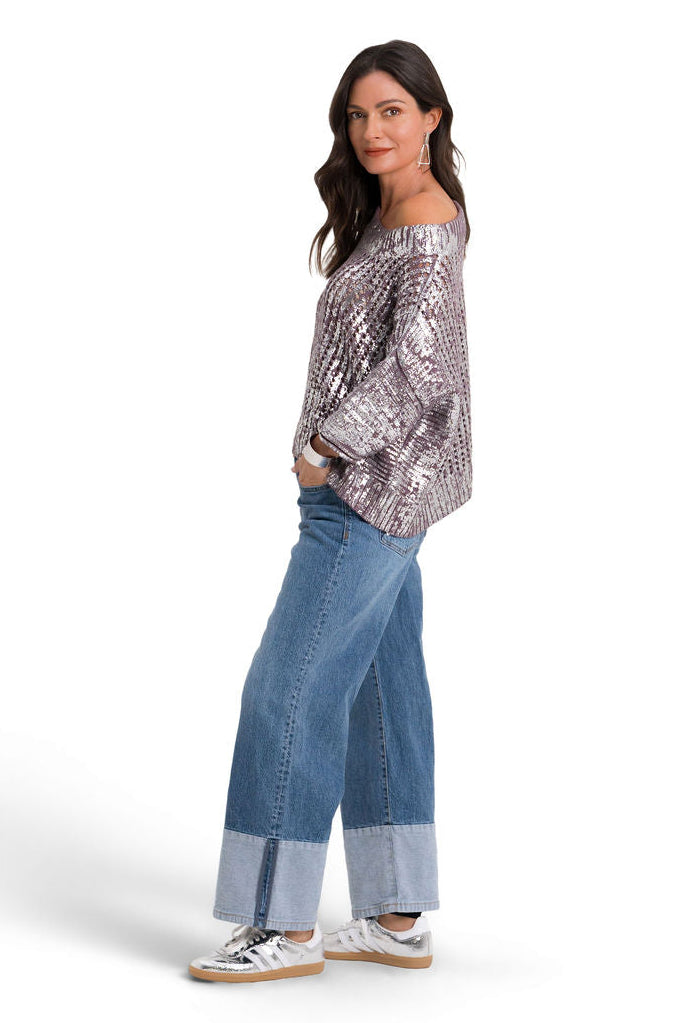 Cotton Metallic Crochet Boatneck Sweater - Amethyst/Silver