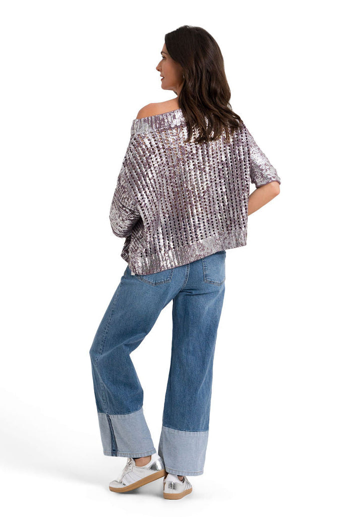Cotton Metallic Crochet Boatneck Sweater - Amethyst/Silver
