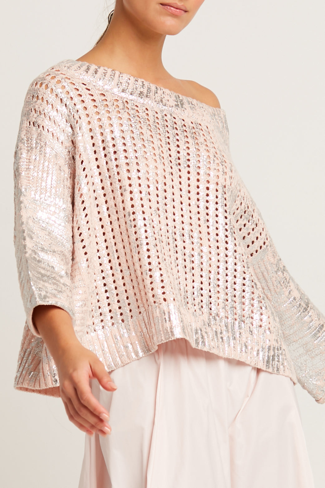 Pima Cotton Metallic Crochet Boatneck Sweater