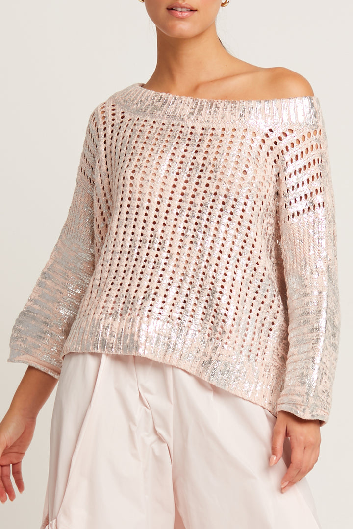 Pima Cotton Metallic Crochet Boatneck Sweater