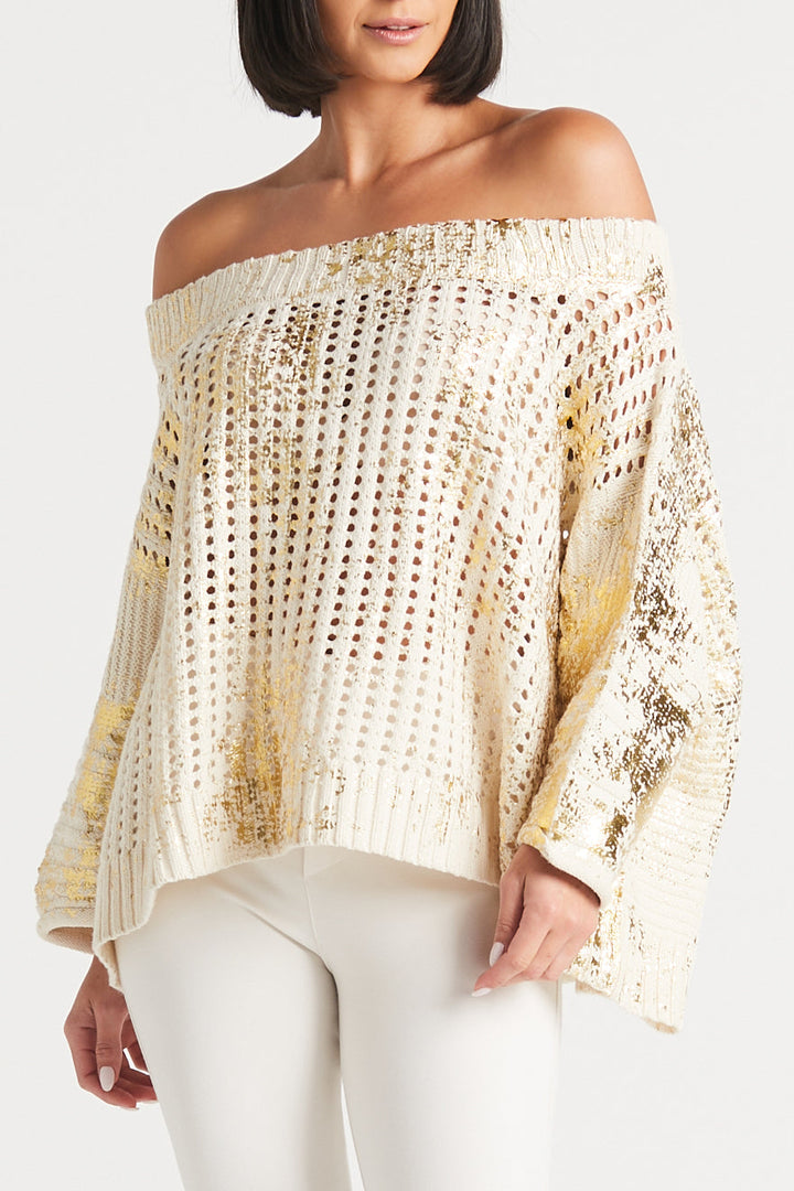 Women's Cotton Metallic Crochet Boatneck Sweater in Stone/Gold by PLANET