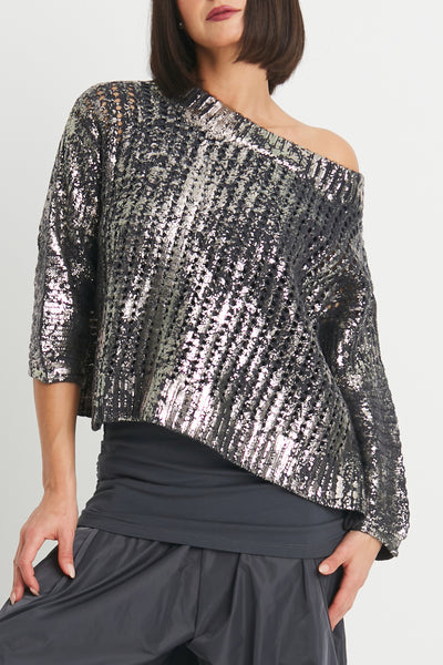 Cotton Metallic Crochet Boatneck Sweater