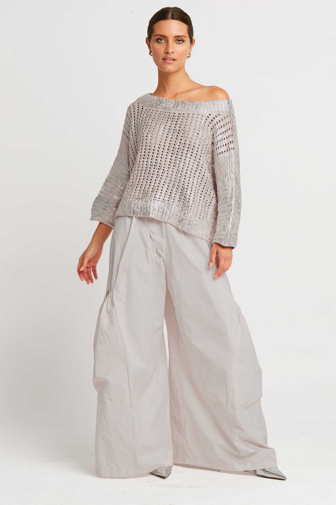 Cotton Metallic Crochet Boatneck Sweater