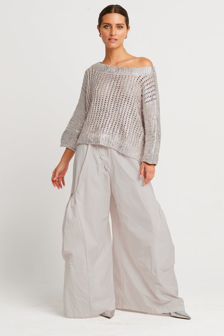 Cotton Metallic Crochet Boatneck Sweater