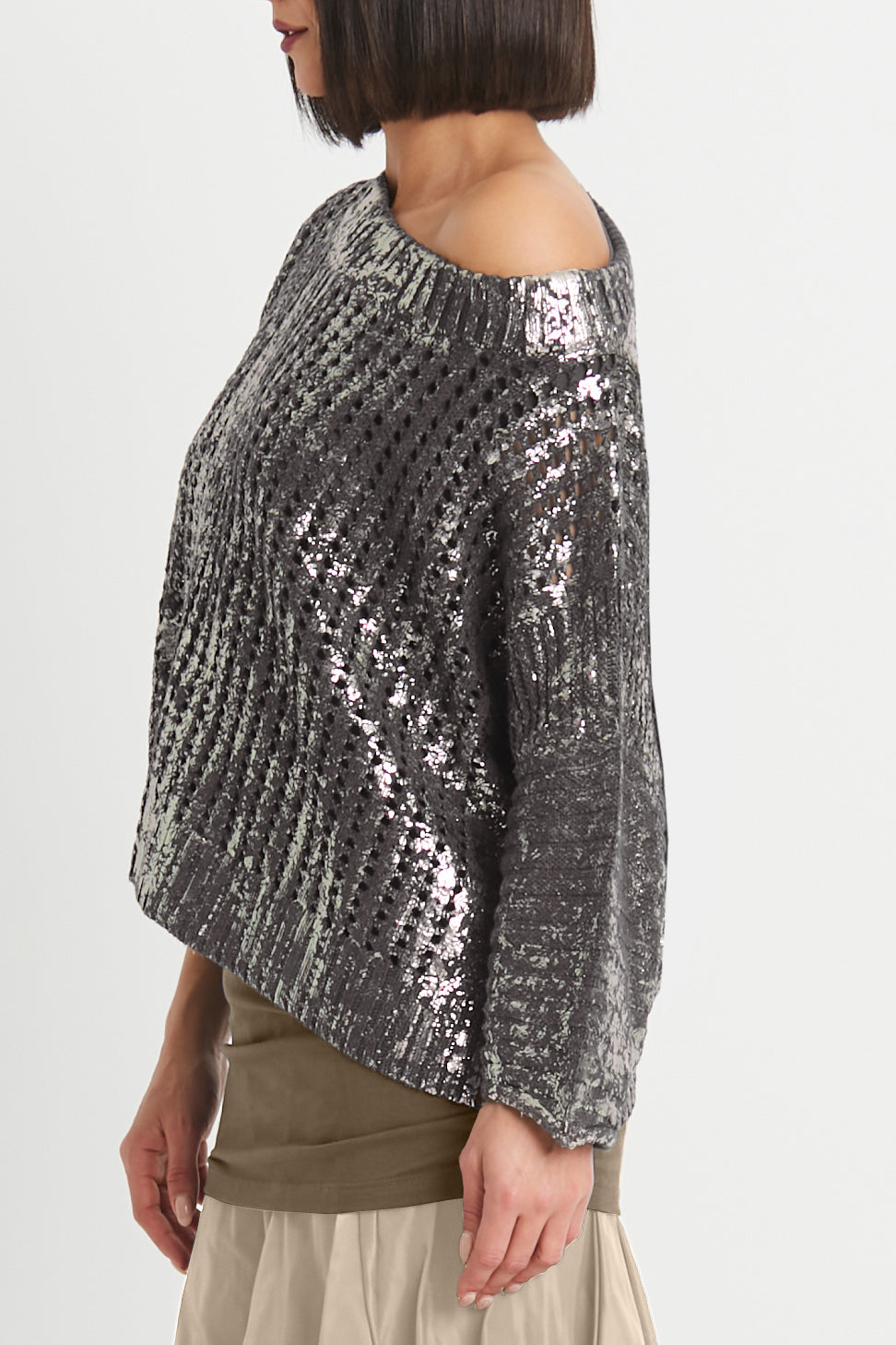 Cotton Metallic Crochet Boatneck Sweater