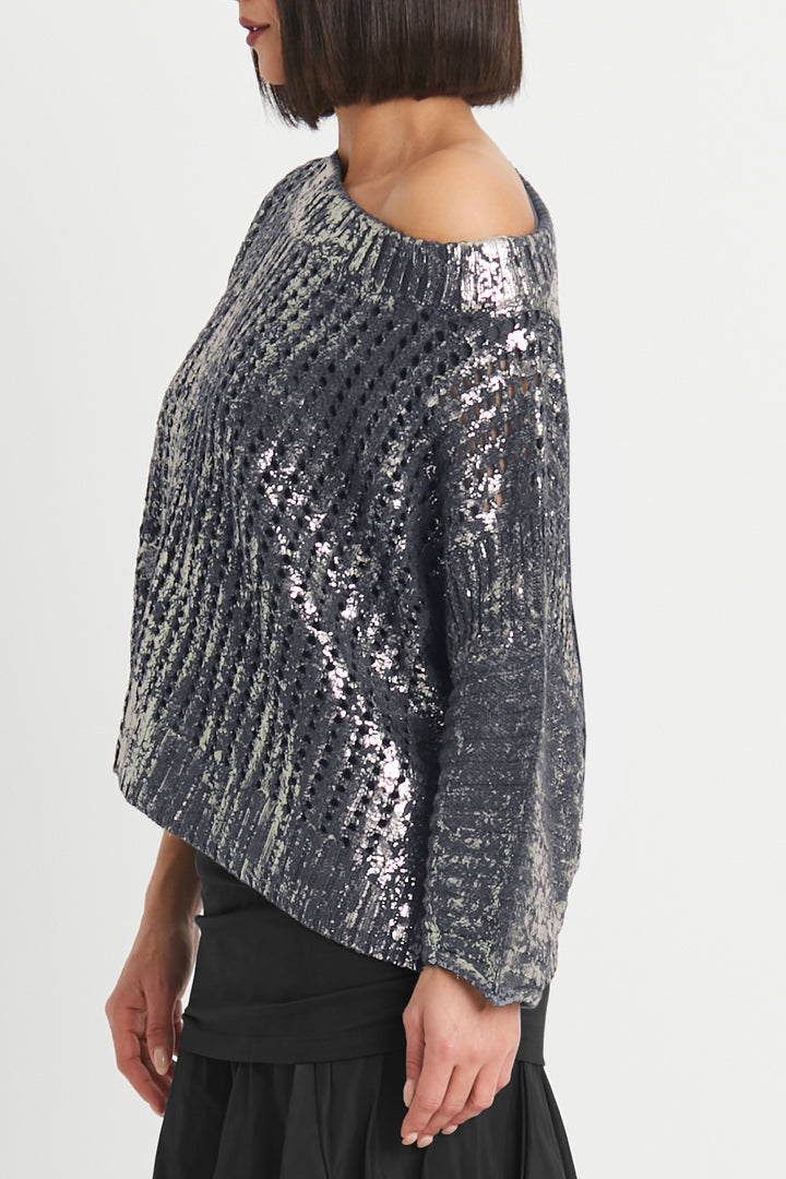 Cotton Metallic Crochet Boatneck Sweater