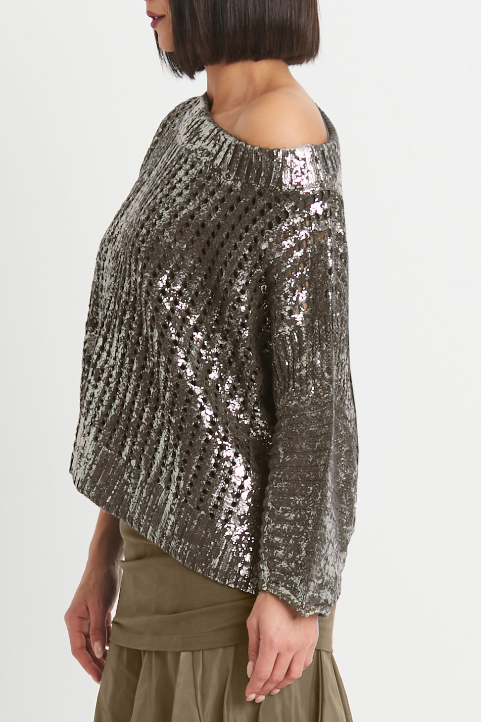 Cotton Metallic Crochet Boatneck Sweater