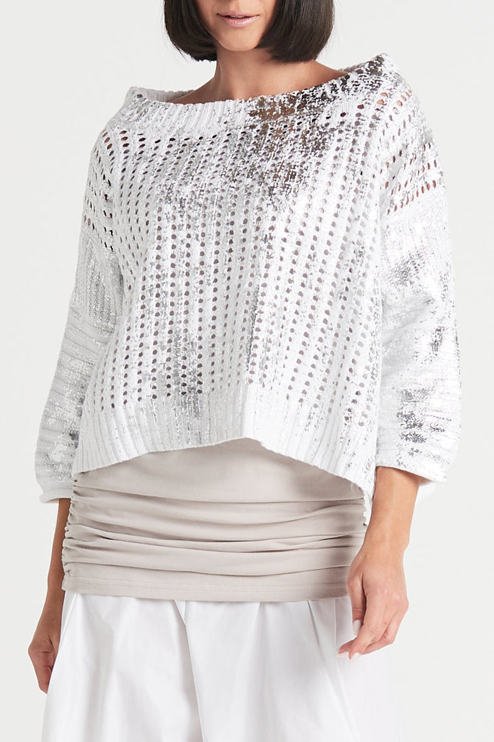Women's Cotton Metallic Crochet Boatneck Sweater in White/Silver by PLANET