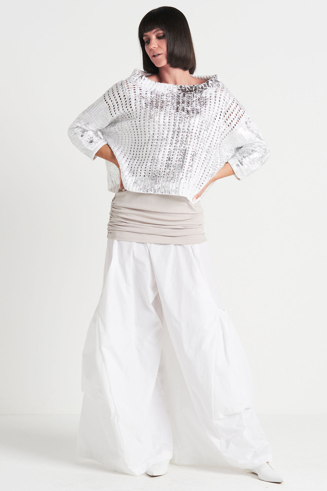 Pima Cotton Metallic Crochet Boatneck Sweater