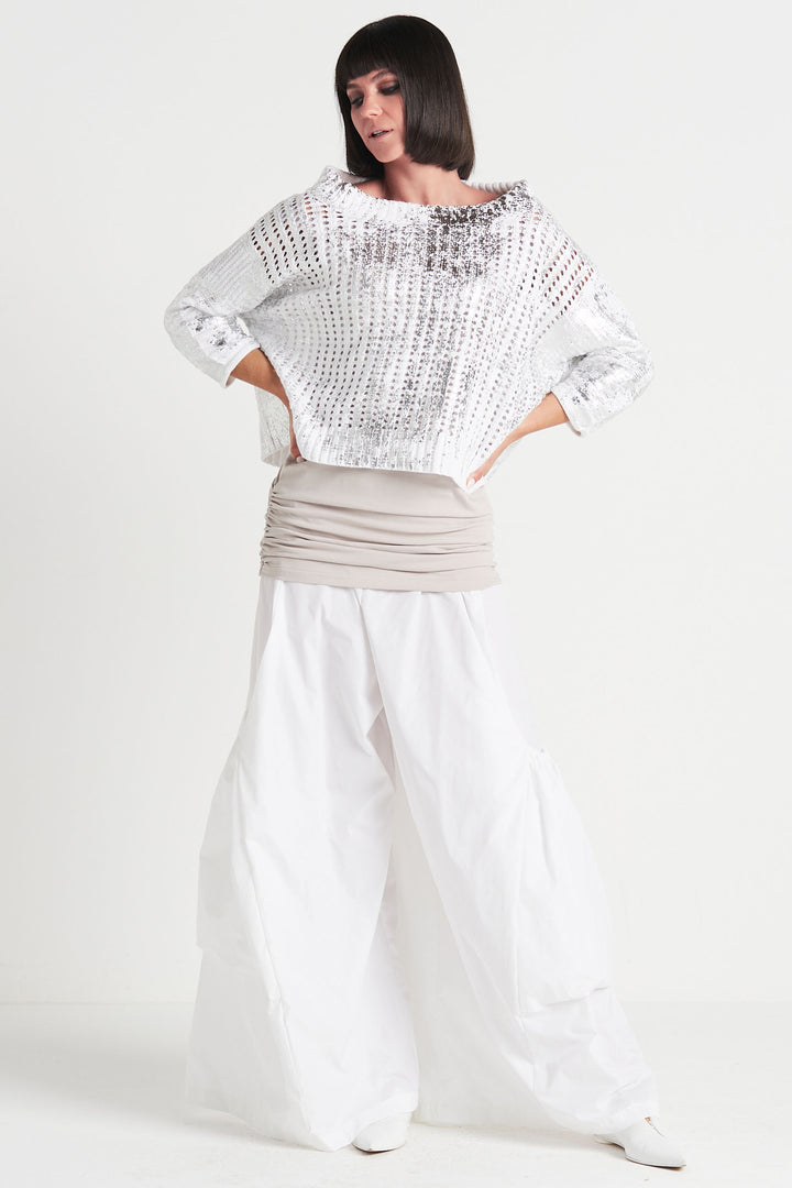 Pima Cotton Metallic Crochet Boatneck Sweater