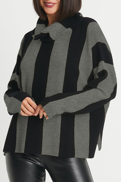 Cotton Vertical Rib Cowl Neck Sweater