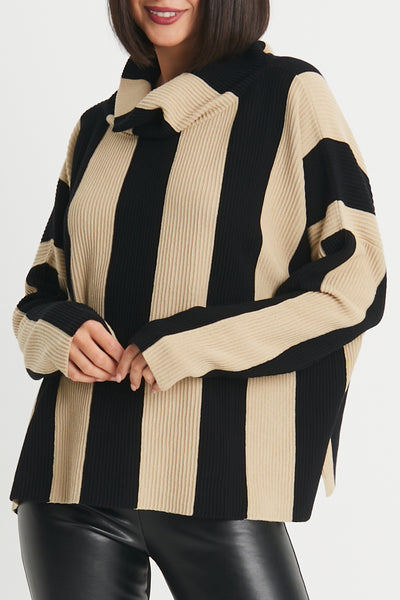 Cotton Vertical Rib Cowl Neck Sweater