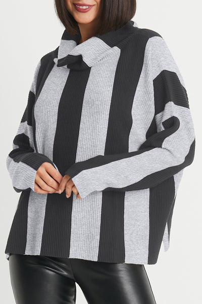Cotton Vertical Rib Cowl Neck Sweater