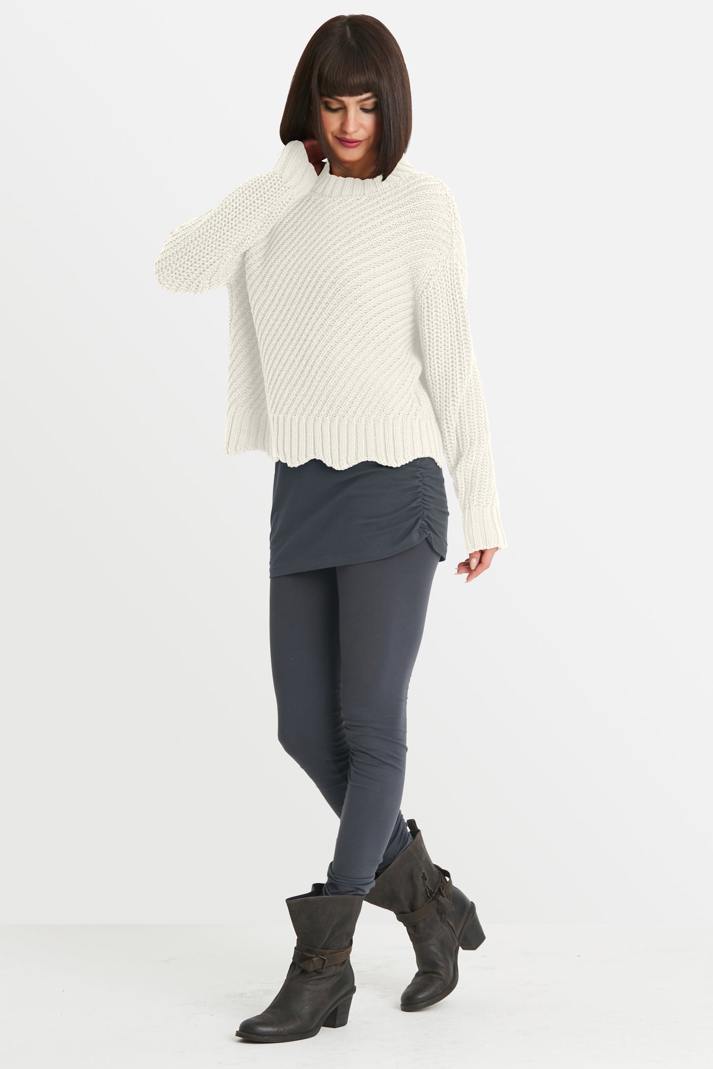 Cotton Diagonal Knit Crewneck Sweater