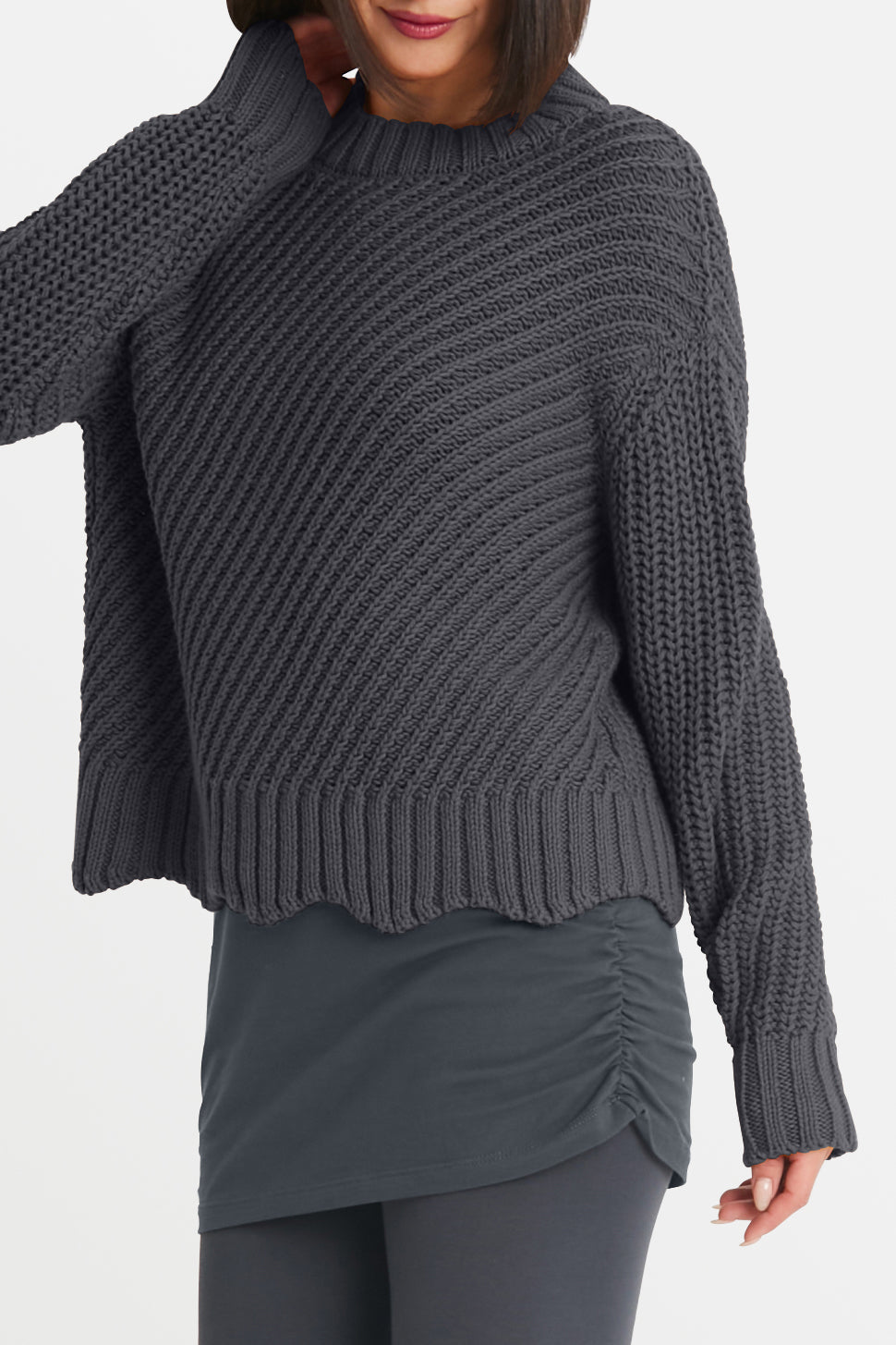 Cotton Diagonal Knit Crewneck Sweater