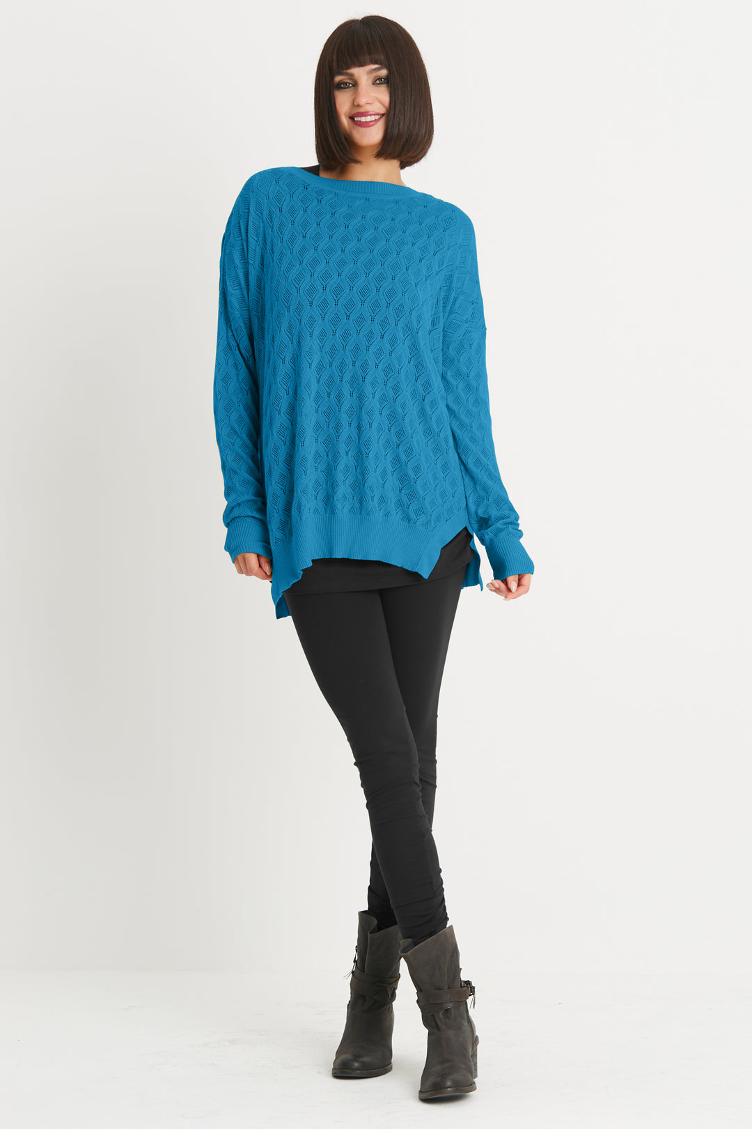 Pima Cotton Long Diamond Weave Crewneck Sweater