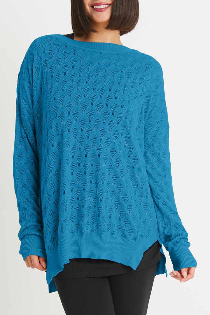 Pima Cotton Long Diamond Weave Crewneck Sweater