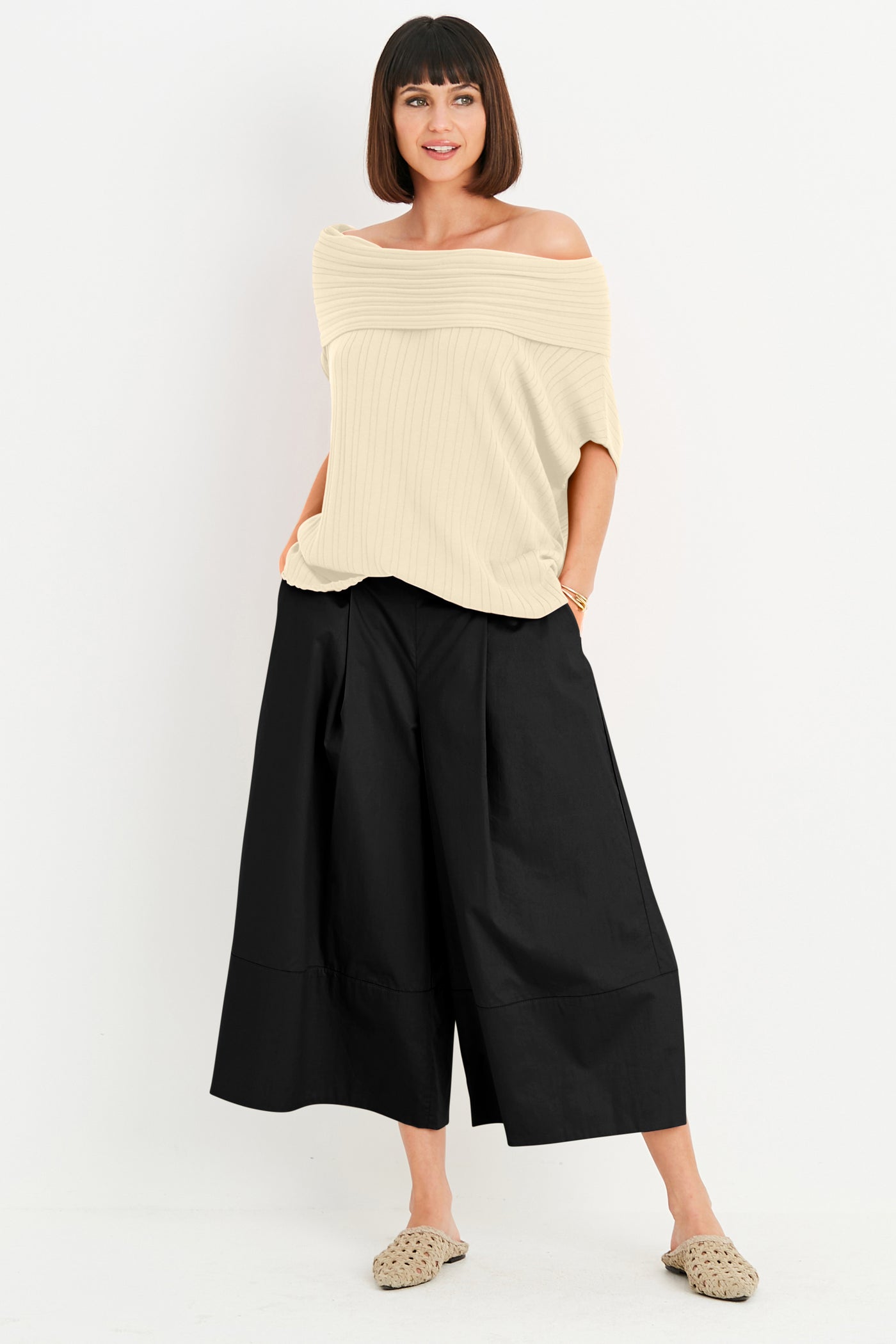 Pima Cotton Ribbed Off The Shoulder Sweater
