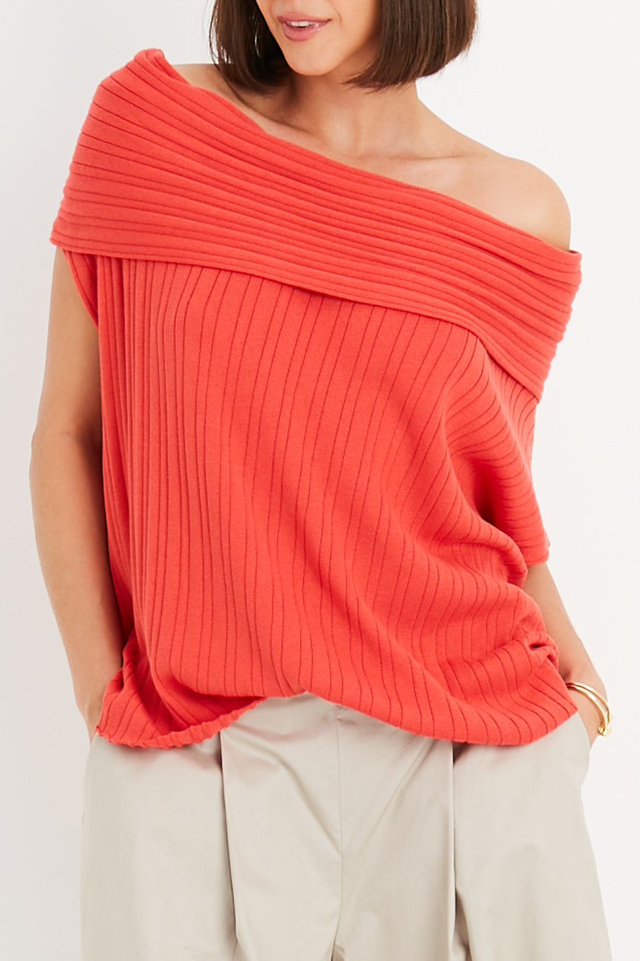 Pima Cotton Ribbed Off The Shoulder Sweater