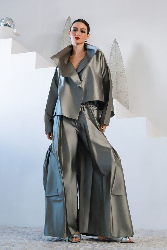 Holiday Dupioni Silk Cropped Asymmetrical Jacket