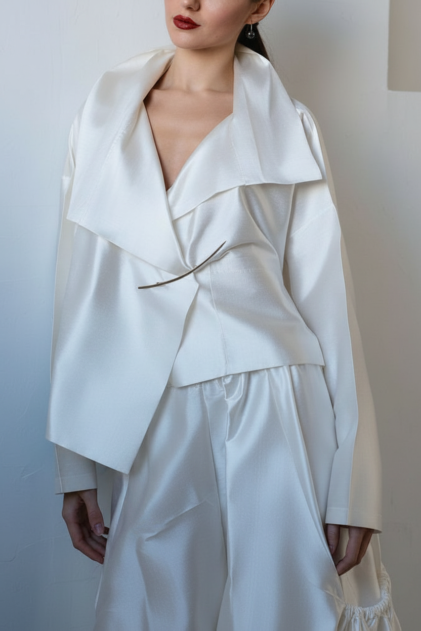 Person wearing a white dupioni silk outfit with a plain background