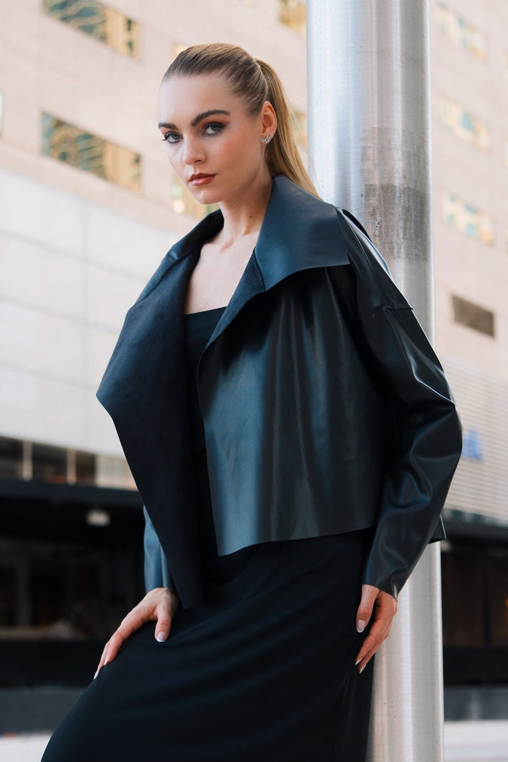 Vegan Leather Cropped Asymmetrical Jacket - Black