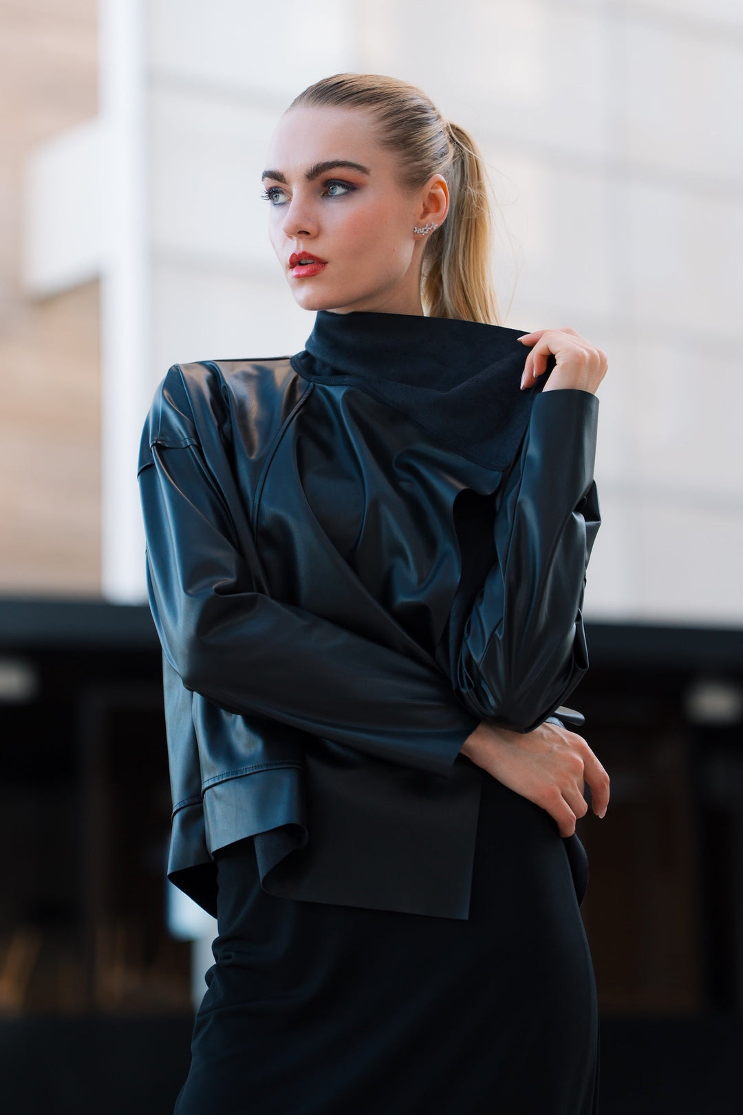 Vegan Leather Cropped Asymmetrical Jacket