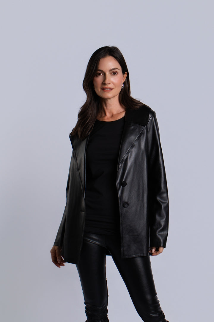 Vegan Leather Pleat Jacket - Black