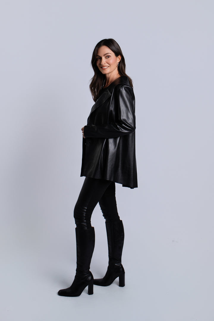 Vegan Leather Pleat Jacket - Black