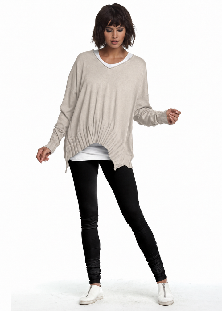 Pima Cotton Ribbed V Neck Sweater - Putty