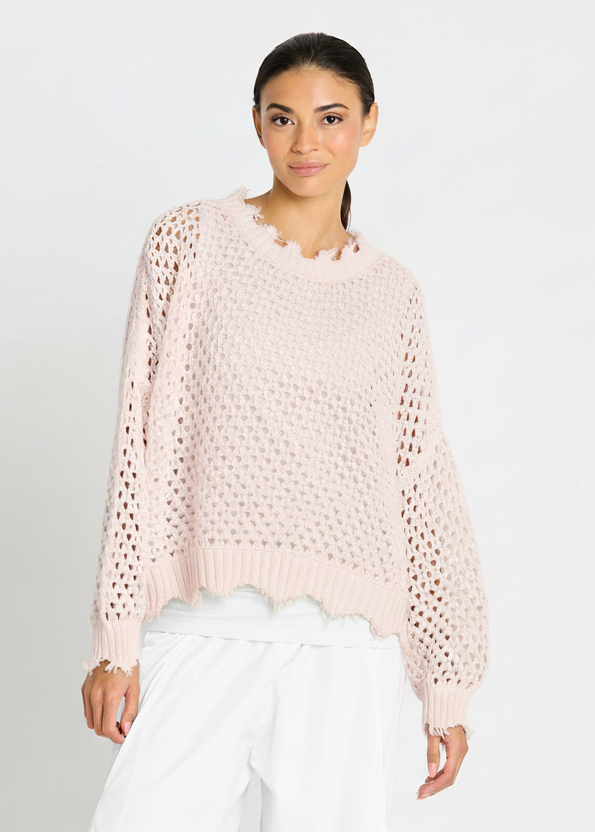 Pima Cotton Hamptons Crewneck Crochet Sweater - Blush