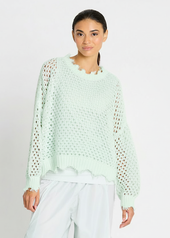 Pima Cotton Hamptons Crewneck Crochet Sweater - Mint