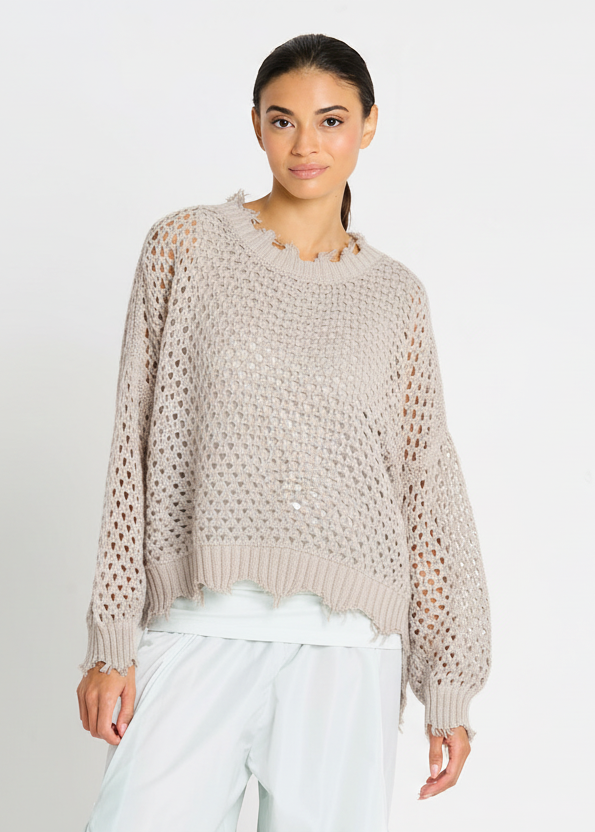 Pima Cotton Hamptons Crewneck Crochet Sweater - Putty