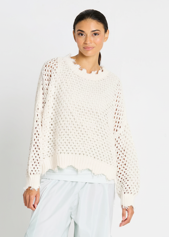 Pima Cotton Hamptons Crewneck Crochet Sweater - Stone
