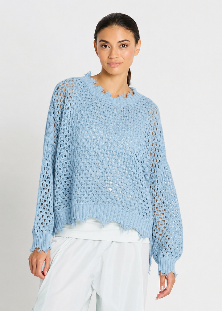 Pima Cotton Hamptons Crewneck Crochet Sweater - Cameo