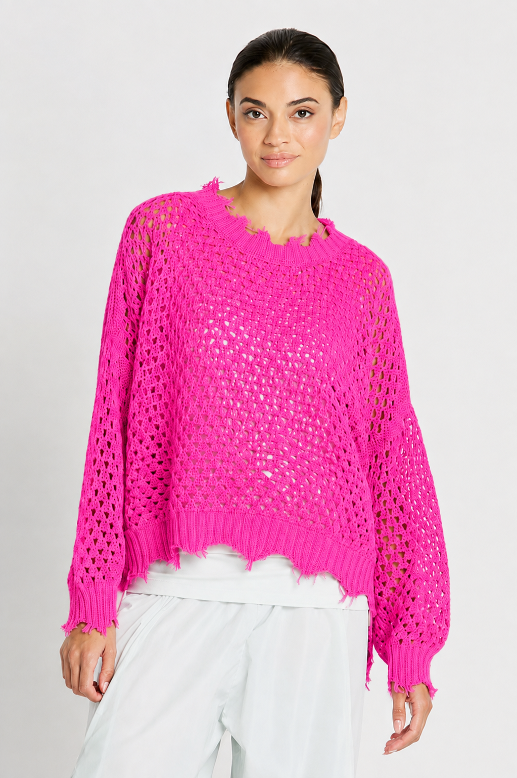 Pima Cotton Hamptons Crewneck Crochet Sweater - Punch