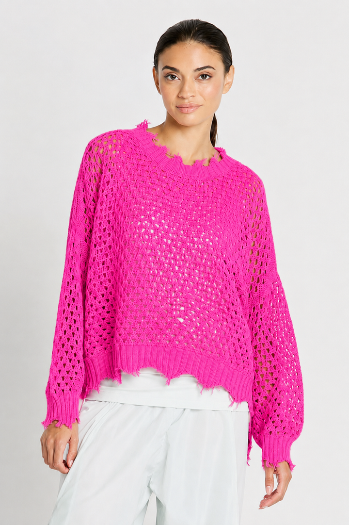 Pima Cotton Hamptons Crewneck Crochet Sweater - Punch