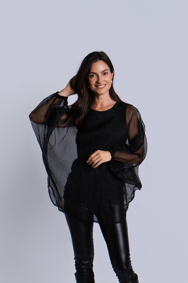 Organza Bell Sleeve Top - Black
