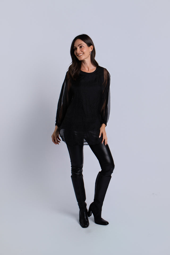 Organza Bell Sleeve Top - Black