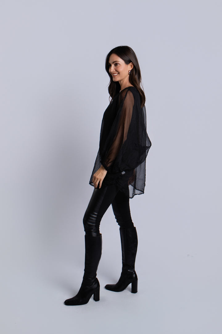 Organza Bell Sleeve Top - Black