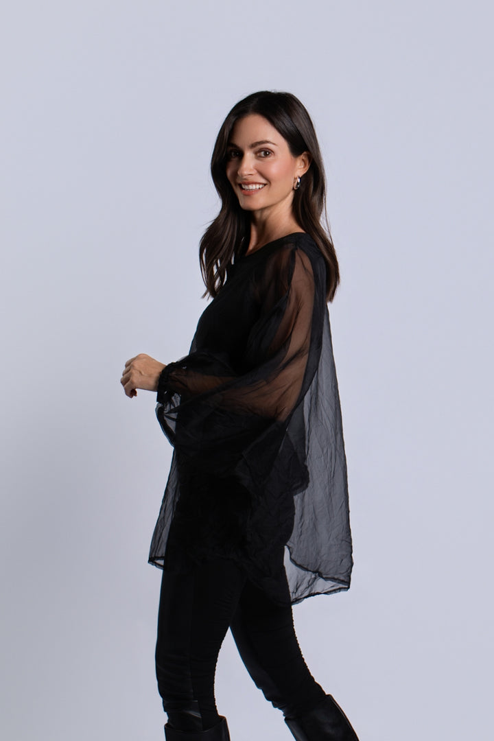 Organza Bell Sleeve Top - Black