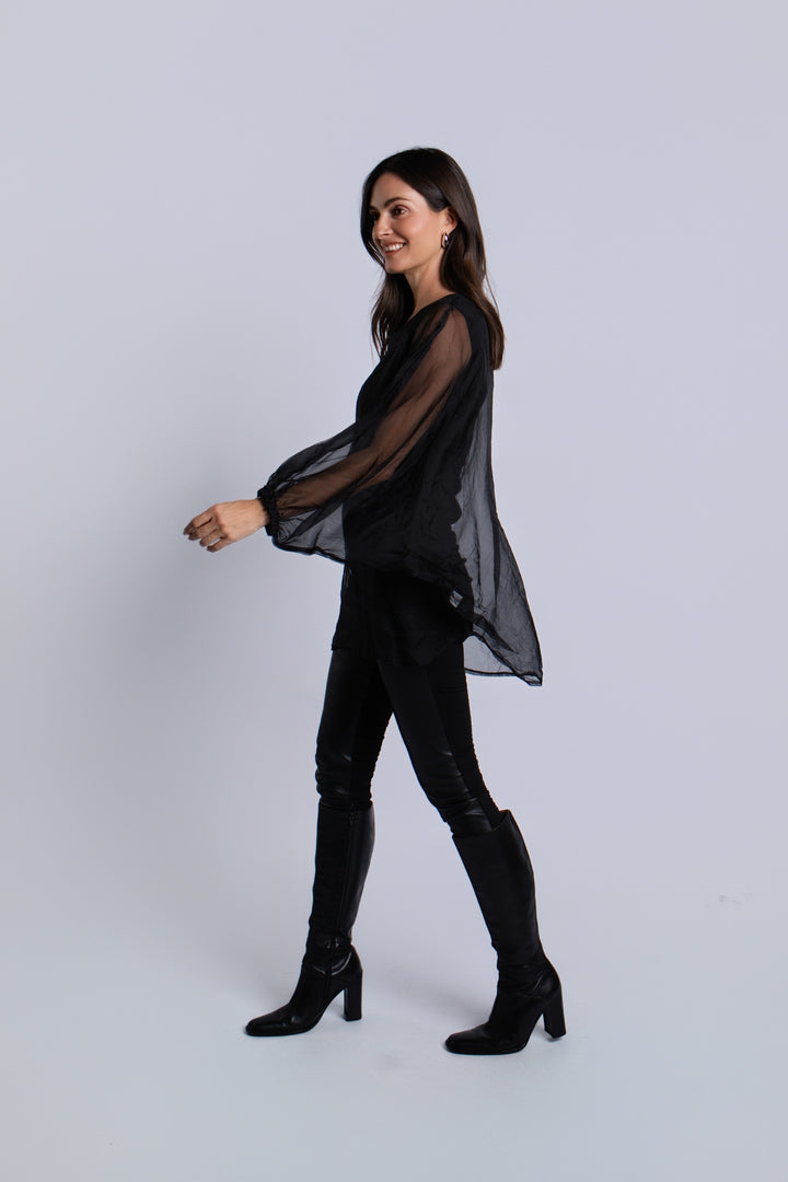 Organza Bell Sleeve Top - Black