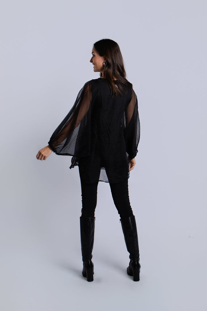 Organza Bell Sleeve Top - Black