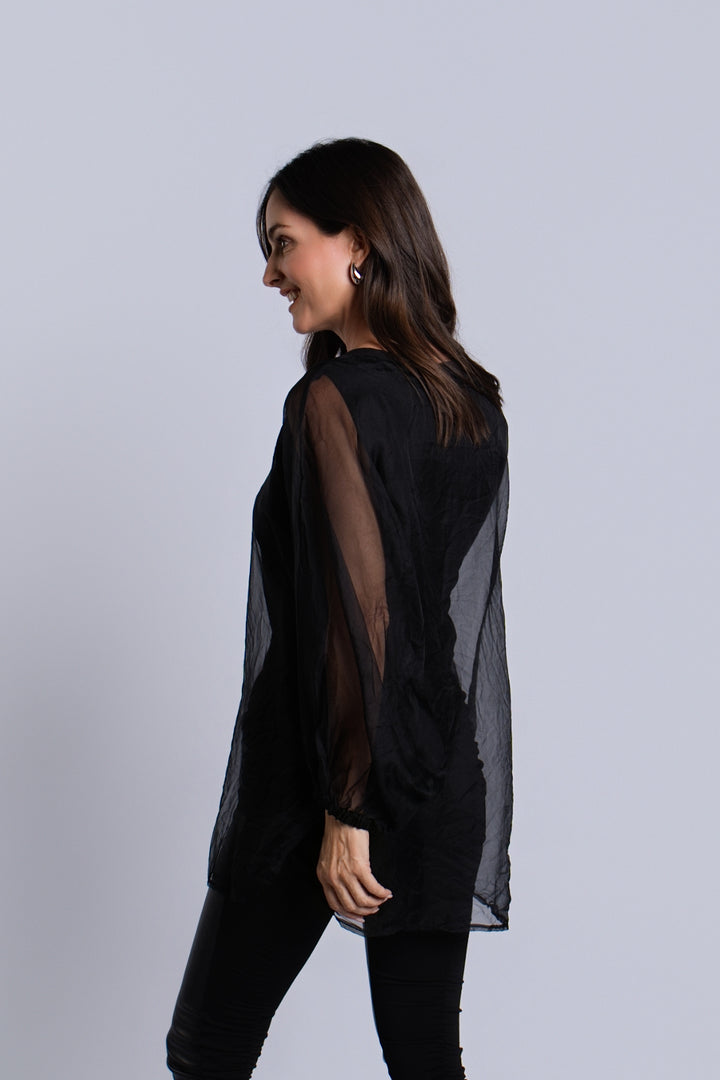 Organza Bell Sleeve Top - Black