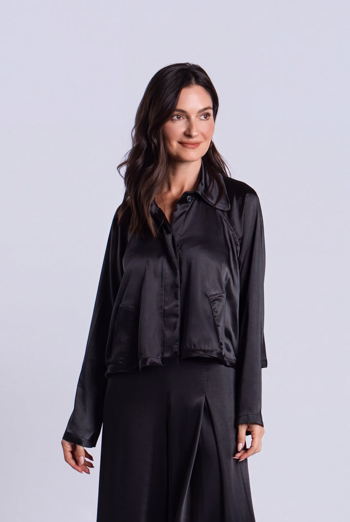 Sateen Cropped Swing Jacket - Black