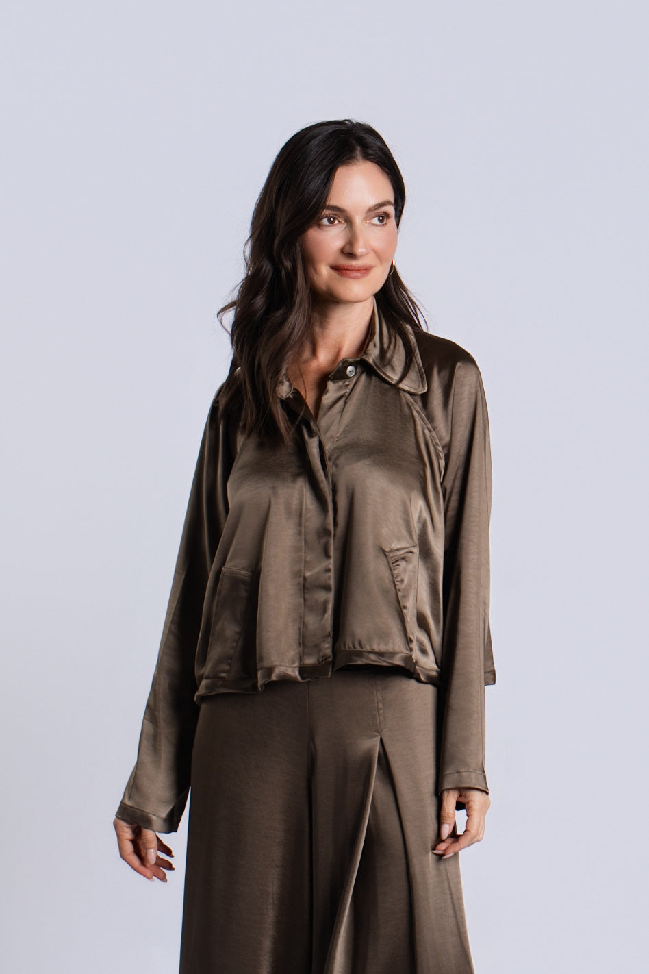 Women's Sateen Cropped Swing Jacket in Turtle by PLANET, alternate view 2