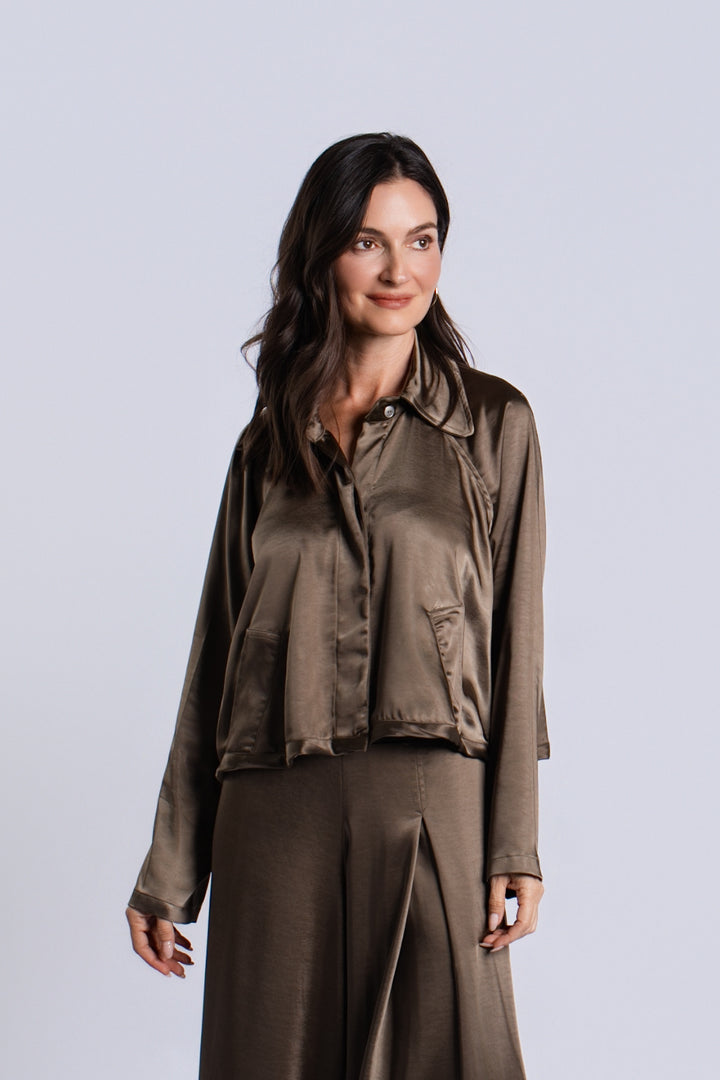 Women's Sateen Cropped Swing Jacket in Turtle by PLANET, alternate view 2