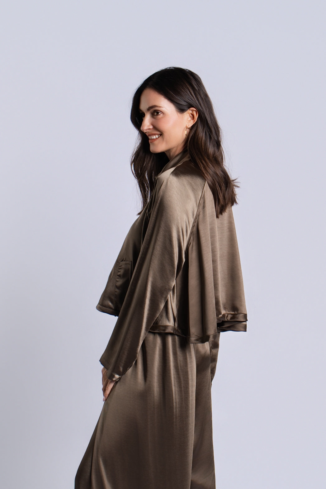 Women's Sateen Cropped Swing Jacket in Turtle by PLANET, alternate view 3