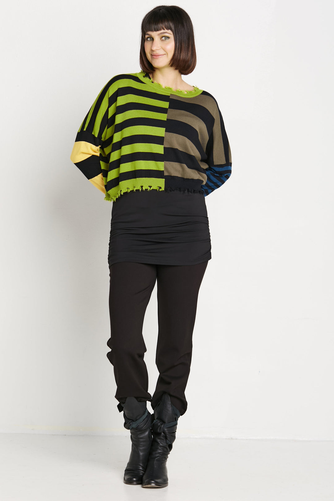 Pima Cotton Mini Mixed Up Tattered Crewneck Sweater - Black/Guacamole